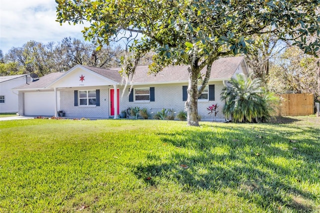 ranch-style house with a front lawn, an attached garage, fence, and brick siding