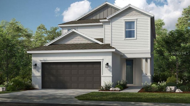 view of front of property with board and batten siding, concrete driveway, a shingled roof, and an attached garage