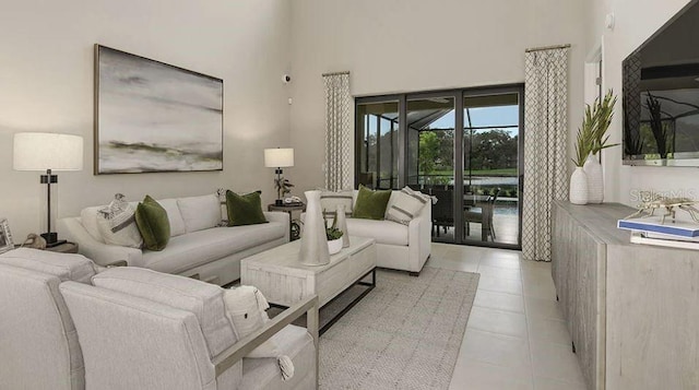 living room with light tile patterned floors and a high ceiling