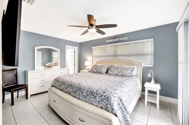 bedroom with light tile patterned floors, visible vents, a ceiling fan, and baseboards