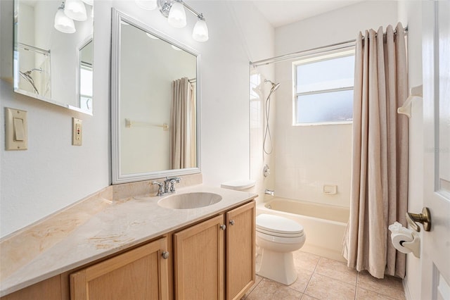 full bath featuring toilet, tile patterned flooring, shower / bath combination with curtain, and vanity