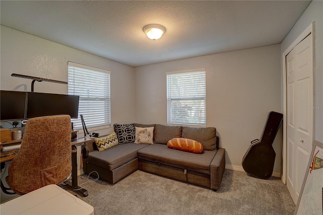 carpeted office featuring baseboards, a textured ceiling, and a textured wall