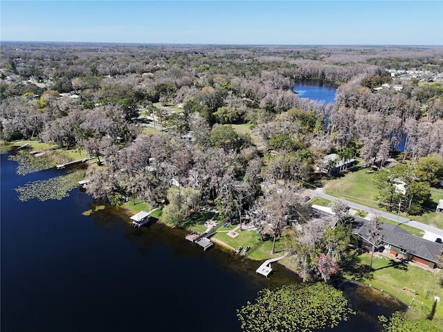 birds eye view of property with a water view and a wooded view