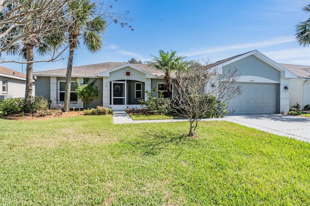 10237 Collar Dr, San Antonio, FL 33576 - ranch-style house featuring an attached garage, a front lawn, concrete driveway, and stucco siding