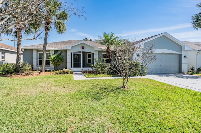 ranch-style house featuring an attached garage, a front lawn, concrete driveway, and stucco siding