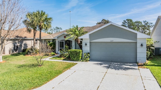 ranch-style house featuring central AC unit, a garage, concrete driveway, stucco siding, and a front yard