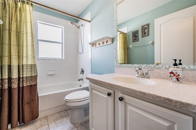 bathroom with toilet, tile patterned flooring, shower / tub combo with curtain, and vanity