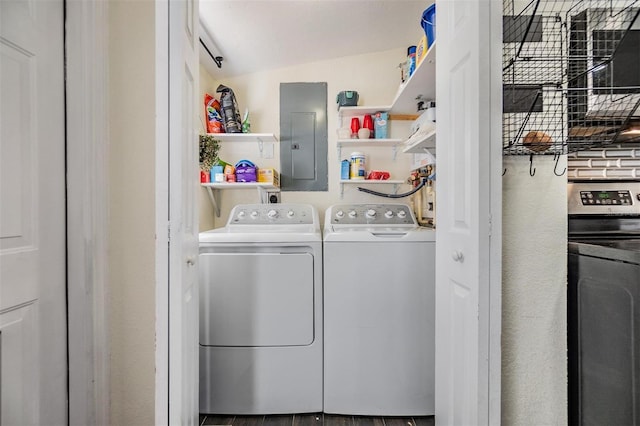 laundry area with laundry area, electric panel, and washing machine and clothes dryer