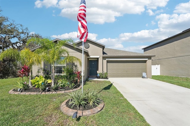 view of front of house featuring a garage, a front yard, driveway, and stucco siding