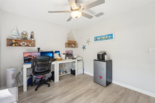 office area featuring light wood-style floors, baseboards, visible vents, and a ceiling fan