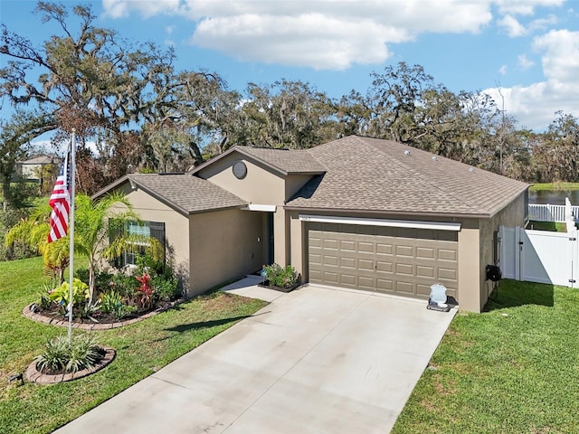 ranch-style house with a garage, driveway, a front yard, and stucco siding