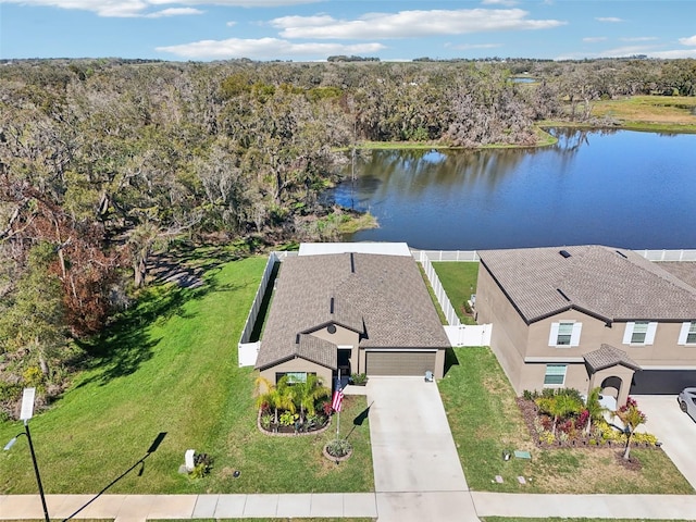 drone / aerial view with a water view