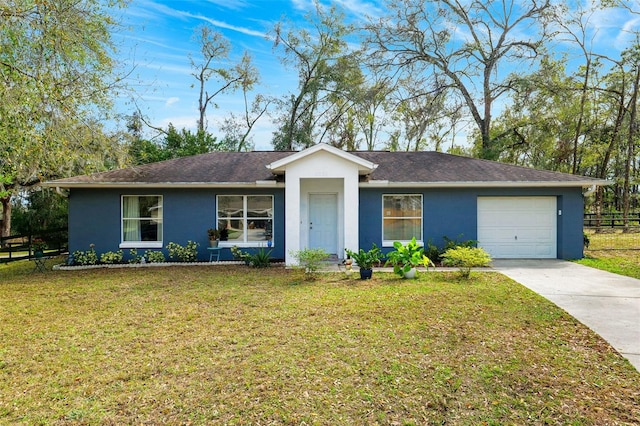 ranch-style home featuring concrete driveway, a front lawn, an attached garage, and stucco siding