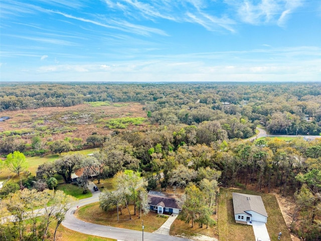 bird's eye view with a wooded view