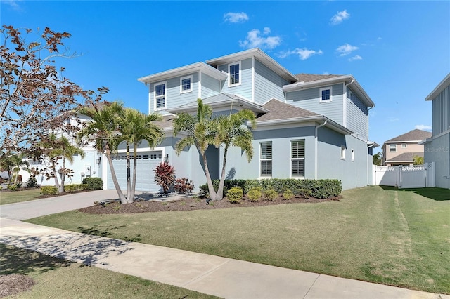 view of front of property with an attached garage, fence, driveway, roof with shingles, and a front yard