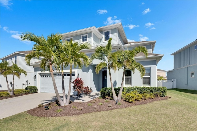 view of front facade featuring a front yard, concrete driveway, fence, and an attached garage