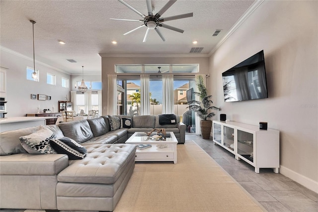 living area with crown molding, visible vents, a textured ceiling, baseboards, and ceiling fan with notable chandelier