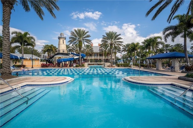 community pool with a patio area