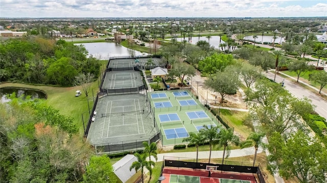 drone / aerial view with a water view