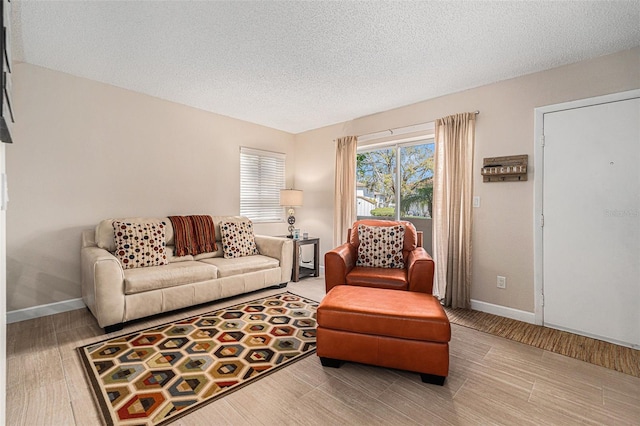 living room with a textured ceiling, wood finished floors, and baseboards