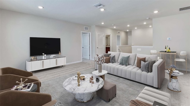 living room with light carpet, visible vents, and recessed lighting