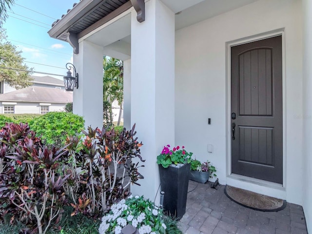 doorway to property with stucco siding