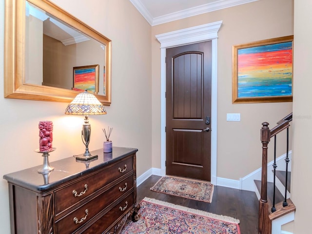 entrance foyer featuring ornamental molding, stairway, baseboards, and dark wood-style floors