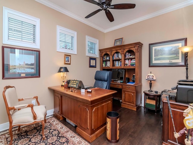 office with dark wood-type flooring, crown molding, baseboards, and a ceiling fan