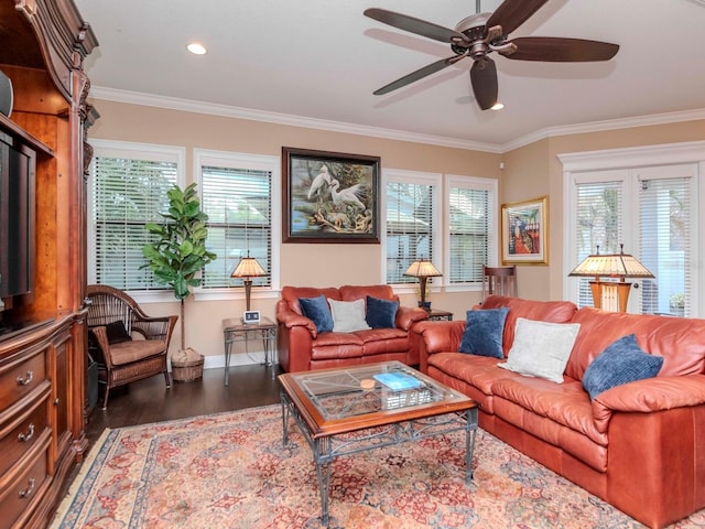 living area with ornamental molding, dark wood-type flooring, and plenty of natural light