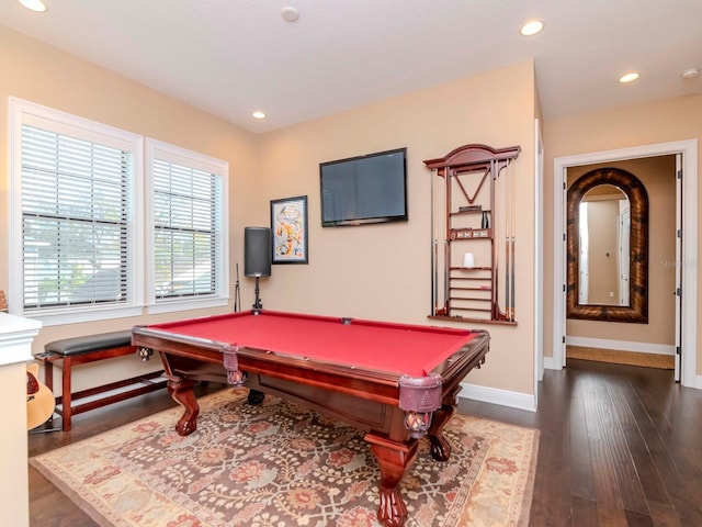 playroom featuring pool table, dark wood-type flooring, recessed lighting, and baseboards