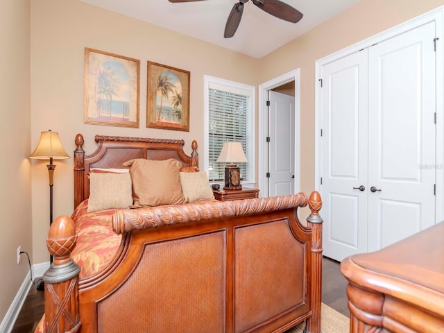bedroom featuring a closet, ceiling fan, and baseboards