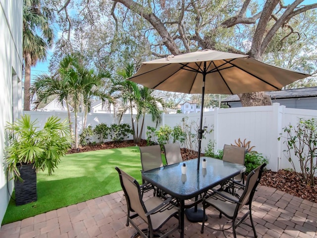 view of patio with a fenced backyard and outdoor dining space