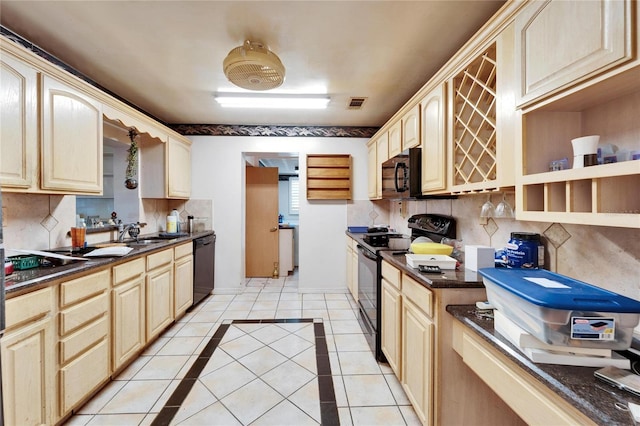 kitchen featuring open shelves, tasteful backsplash, visible vents, light tile patterned flooring, and black appliances