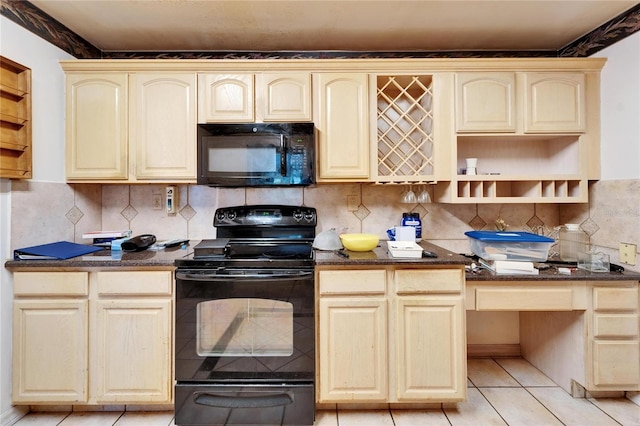 kitchen with dark stone counters, backsplash, black appliances, and open shelves