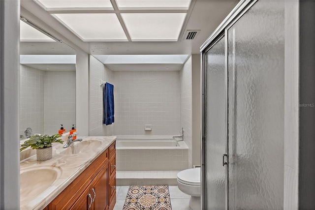 full bathroom featuring double vanity, visible vents, tile patterned floors, an enclosed shower, and a sink