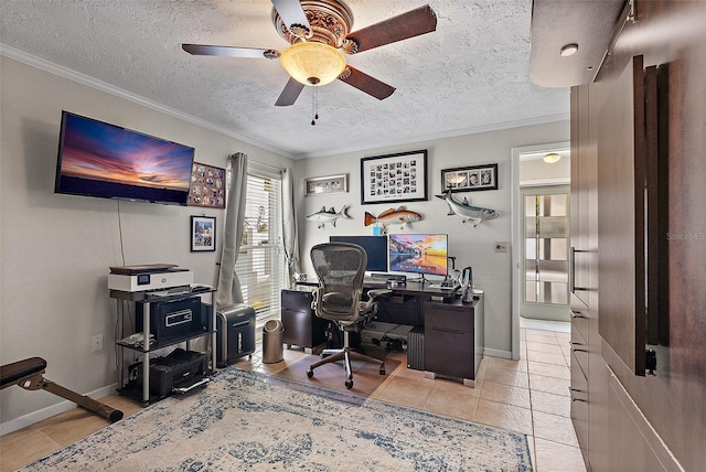 office space featuring light tile patterned floors, a textured ceiling, a ceiling fan, and crown molding