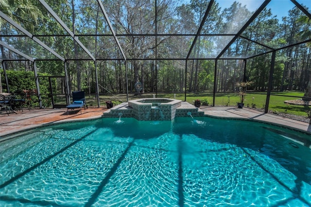 outdoor pool featuring glass enclosure, a patio, and an in ground hot tub