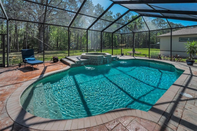 outdoor pool with a lanai, a lawn, a patio, and an in ground hot tub