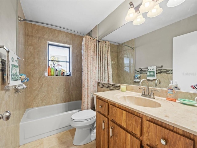 full bathroom featuring toilet, shower / tub combo, tile patterned flooring, and vanity