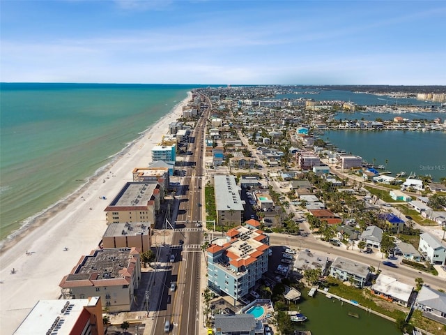 aerial view with a water view, a view of city, and a view of the beach