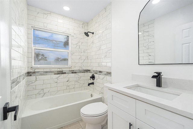 bathroom with toilet, tile patterned flooring, bathtub / shower combination, vanity, and recessed lighting