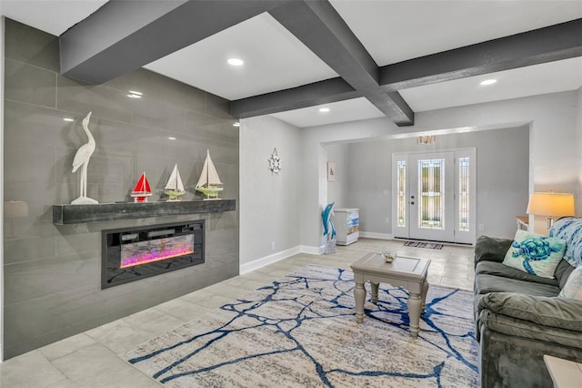 living area with recessed lighting, a large fireplace, coffered ceiling, beamed ceiling, and baseboards