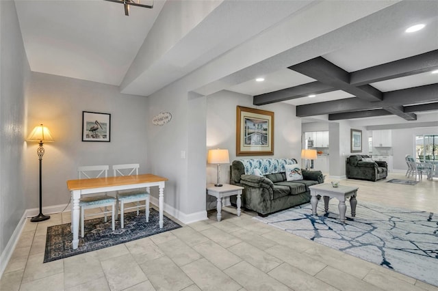 living room featuring recessed lighting, beam ceiling, coffered ceiling, and baseboards