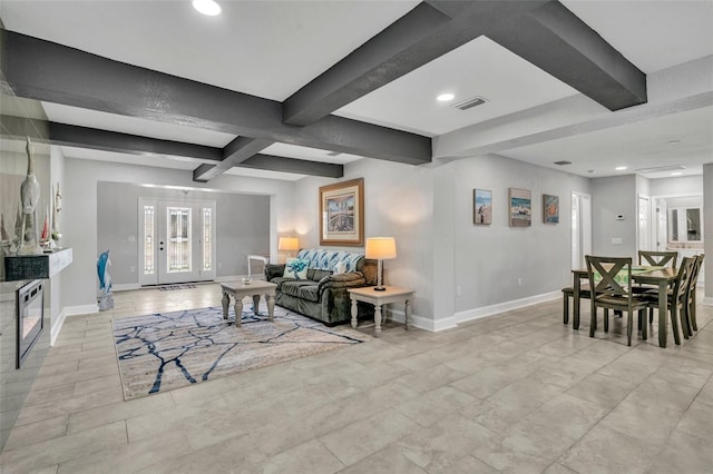 living room with recessed lighting, coffered ceiling, visible vents, baseboards, and beamed ceiling