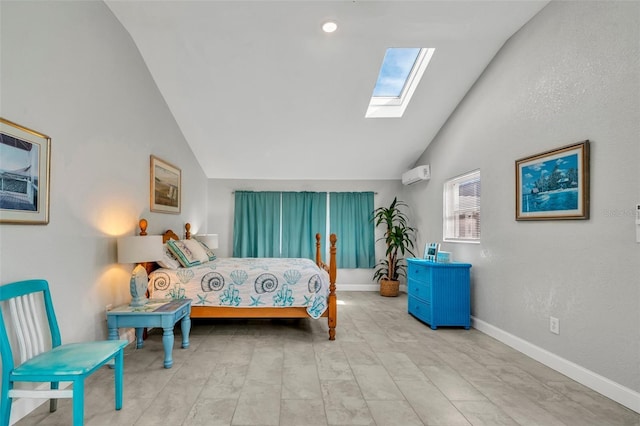 bedroom with high vaulted ceiling, a skylight, and baseboards