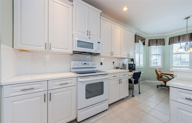 kitchen featuring light tile patterned floors, tasteful backsplash, light countertops, white cabinetry, and white appliances