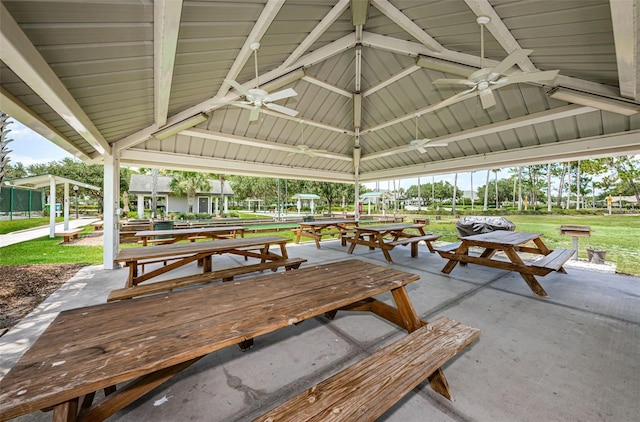 view of patio featuring a gazebo and a ceiling fan