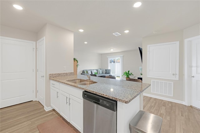 kitchen featuring visible vents, stainless steel dishwasher, white cabinetry, a sink, and a peninsula