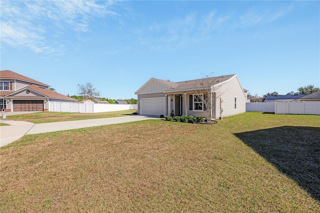 ranch-style home featuring driveway, fence, a front lawn, and board and batten siding