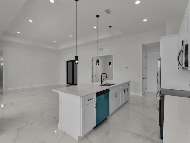 kitchen featuring dishwasher, stainless steel microwave, marble finish floor, a sink, and recessed lighting